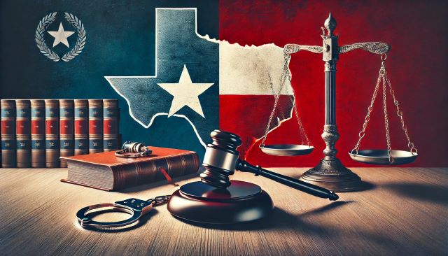 Texas outline with symbols representing arrest and conviction.