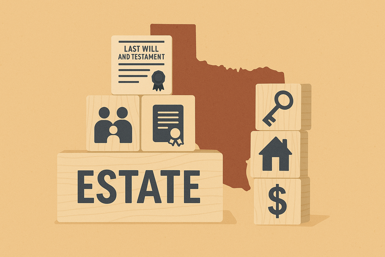 Blocks with keys, a house, money, and Texas estate planning documents.
