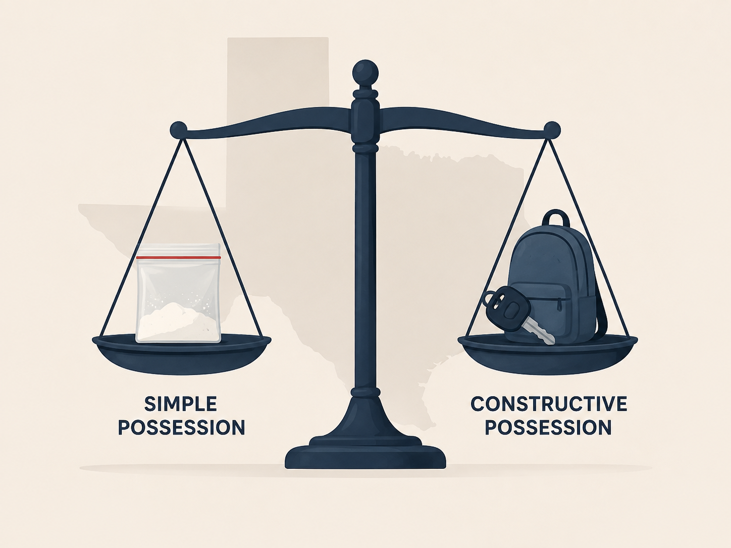 A scale in front of a Texas outline showing the difference between simple possession and constructive possession