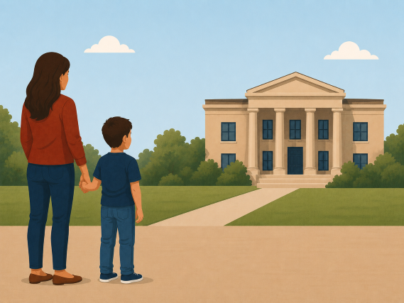 Image of a Texas mother looking towards a courtroom, getting ready for her child custody modification case.