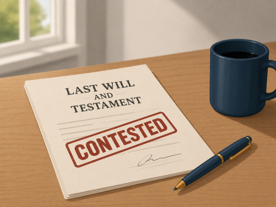 Illustration of a contested last will and testament document on a desk with a pen and coffee mug.