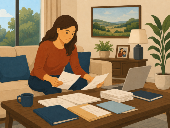 Illustrated woman sitting at a coffee table organizing financial and legal documents, preparing paperwork for a Texas divorce.