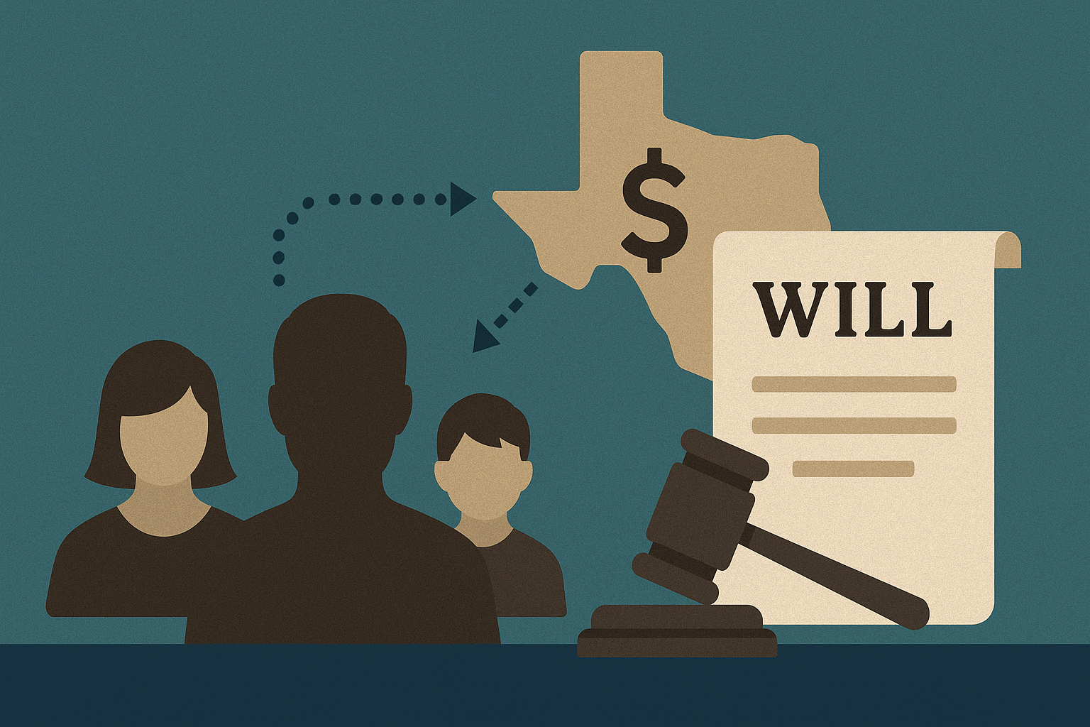 silhouettes of a person, the state of Texas, and a will, representing the Texas probate process