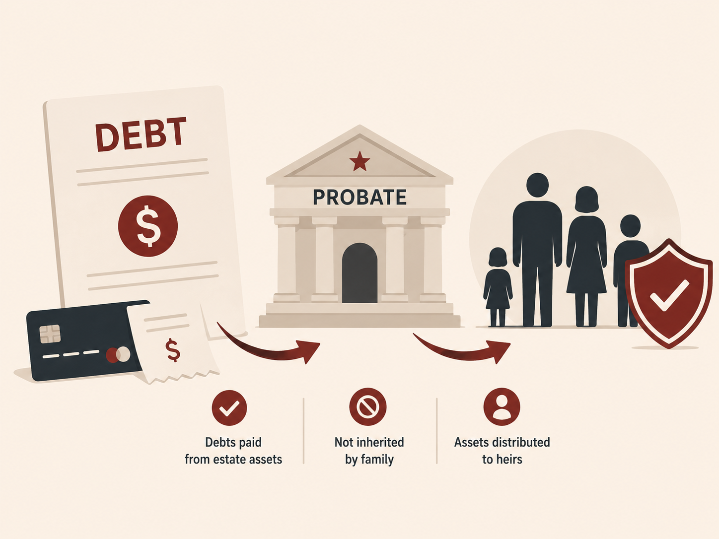 Texas financial documents, a courthouse, and a family, representing debt during Texas probate