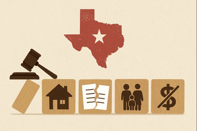 House, broken document, family, and money icons in front of a Texas state outline, representing common estate planning mistakes