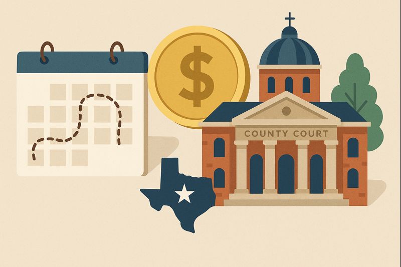 A calendar, courthouse, coin, and Texas outline, representing the Texas probate process
