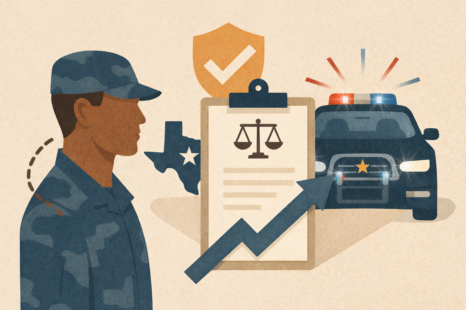 A military serviceman with a police car in the background