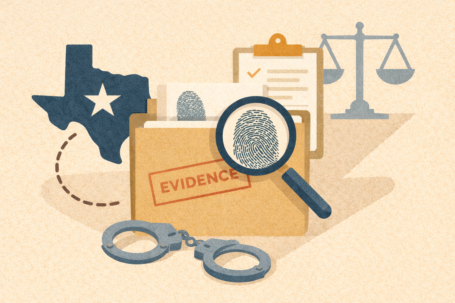 A folder of evidence and handcuffs involved in a Texas criminal case