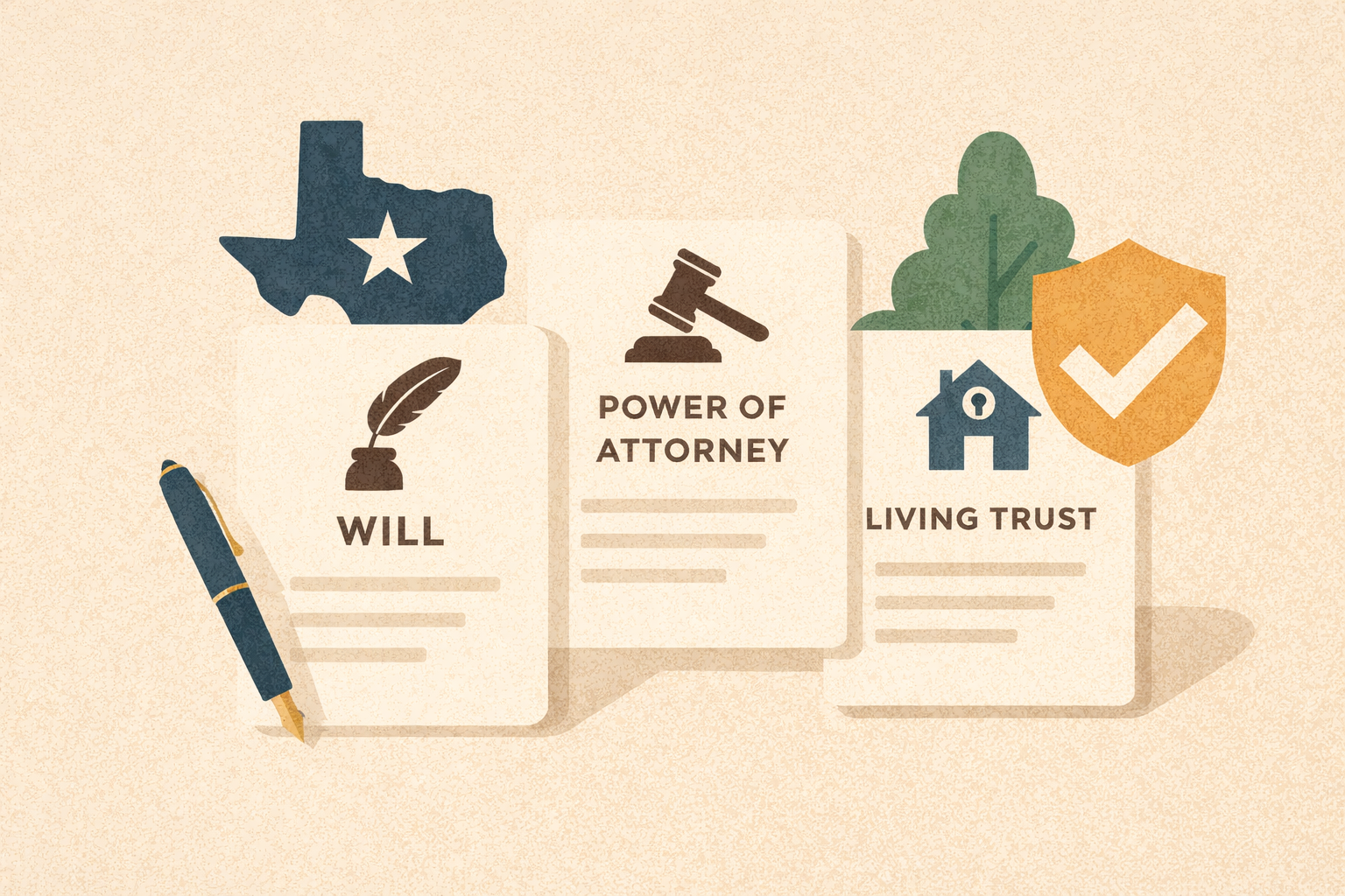 A will, power of attorney, and living trust document in front of a Texas outline