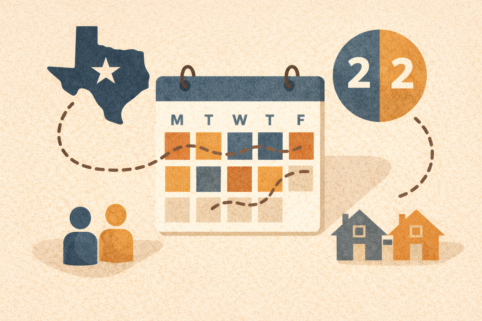 Icons of parents, homes, a calendar, and Texas, representing child custody schedules