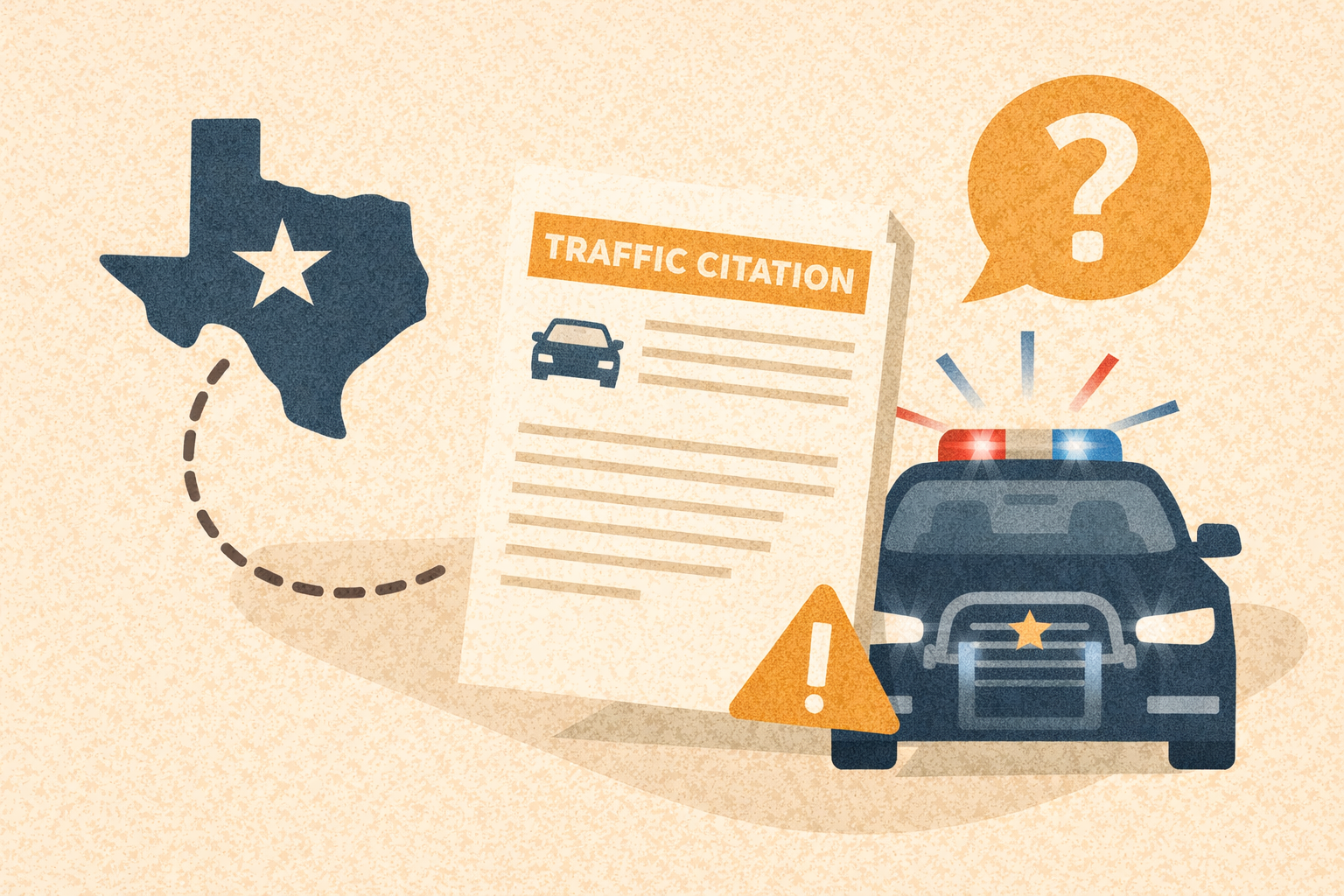 A traffic citation document in front of a police car and a Texas state outline