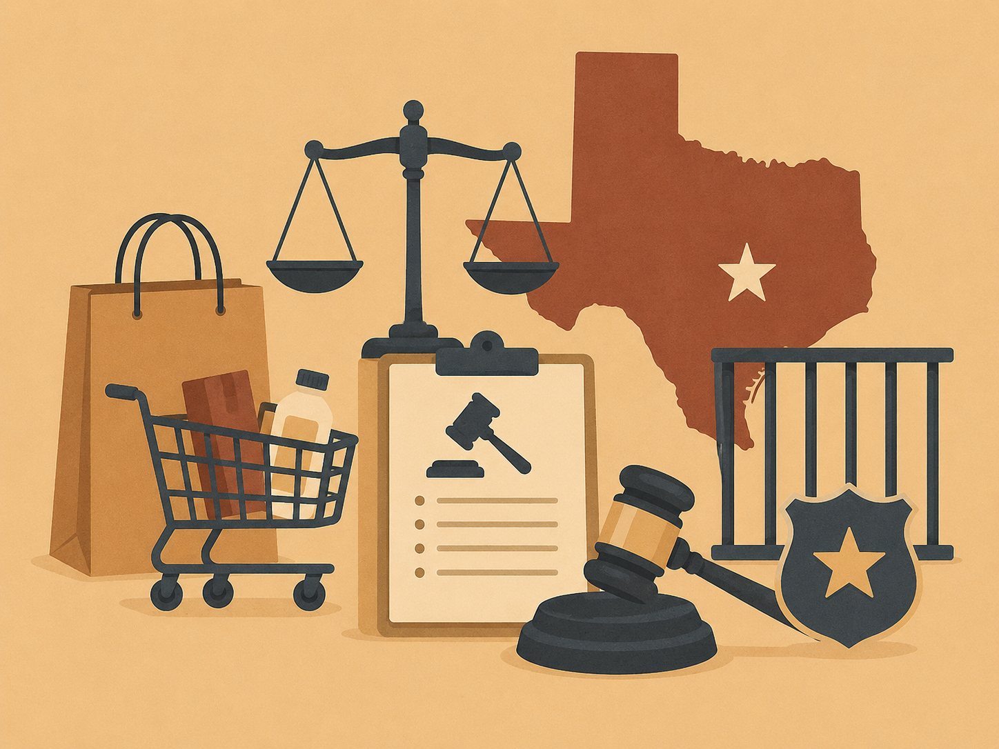 A shopping cart, scales, and Texas outline symbolizing shoplifting charges