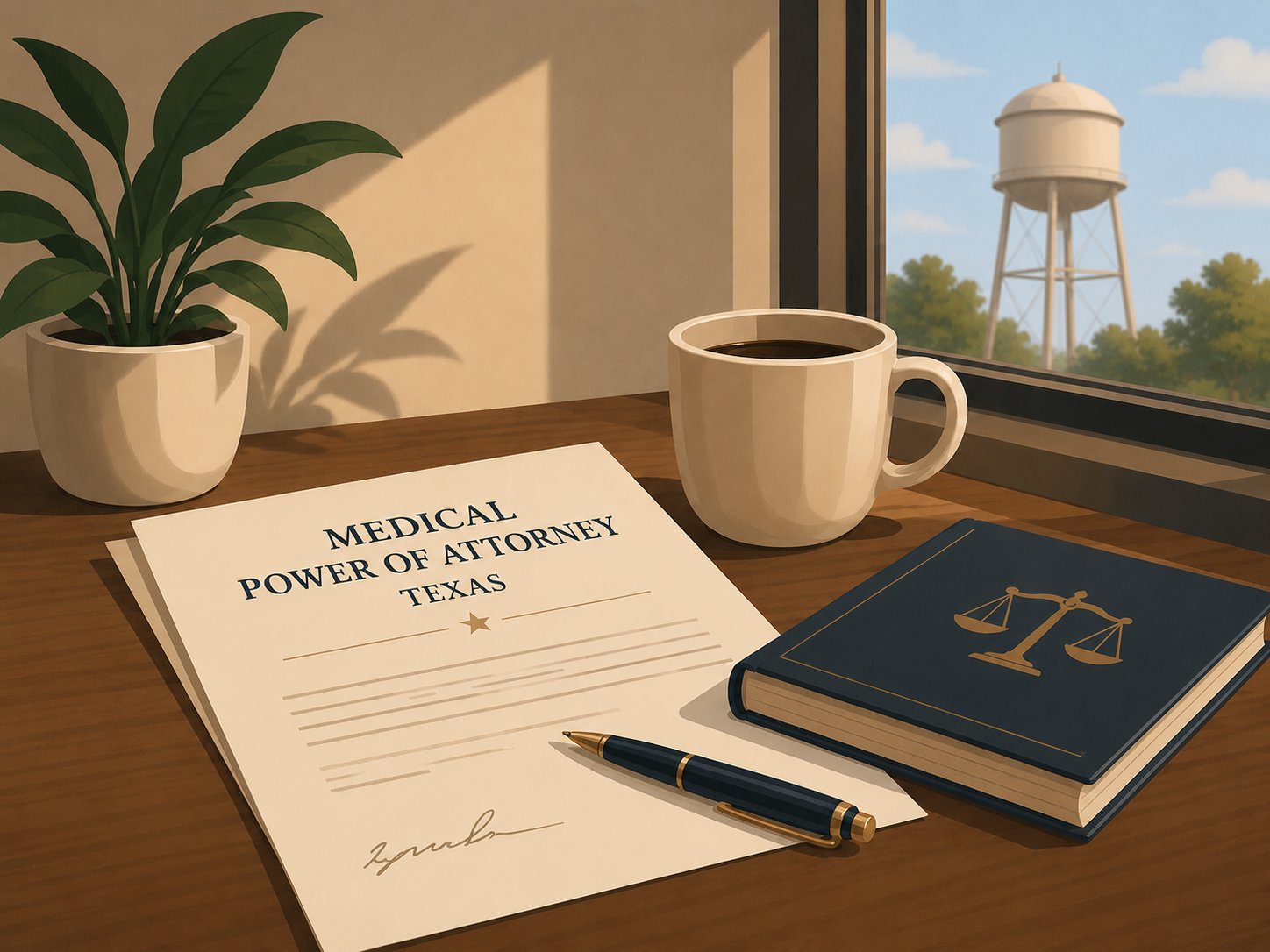A Texas medical power of attorney document on a desk with a plant, mug, and book