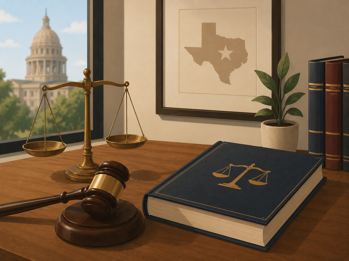 A gavel and a book containing Texas laws about sexual offenses