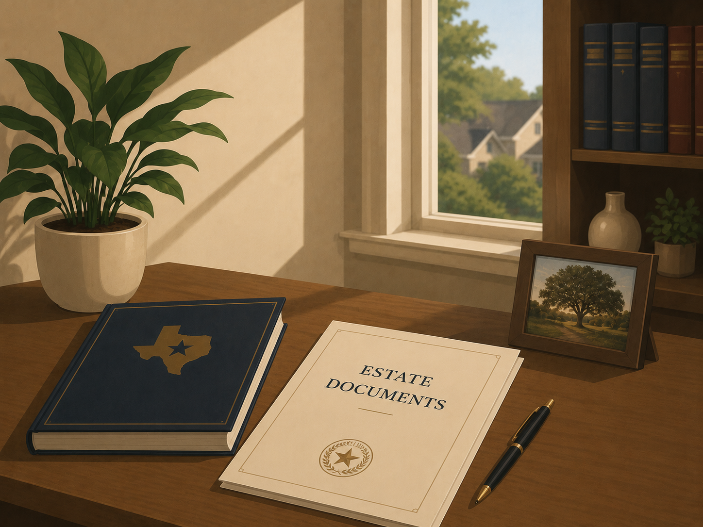 Estate documents and a book explaining Texas probate on a desk