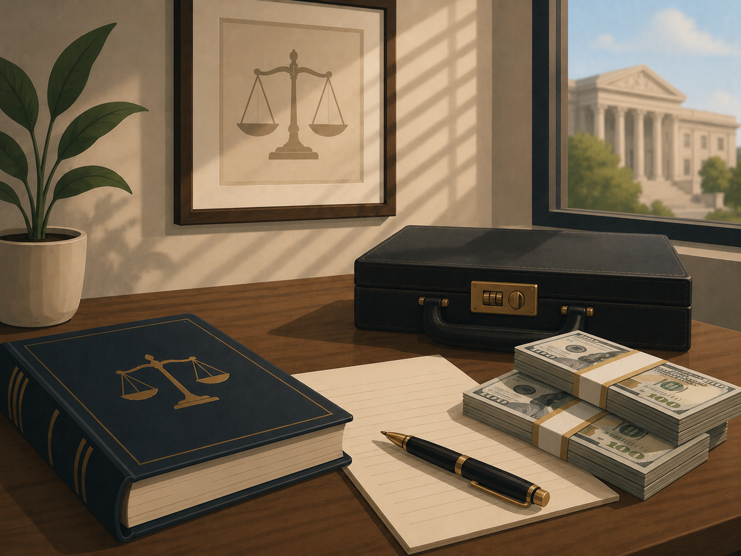 A legal book and money in a briefcase, representing money laundering cases in Texas