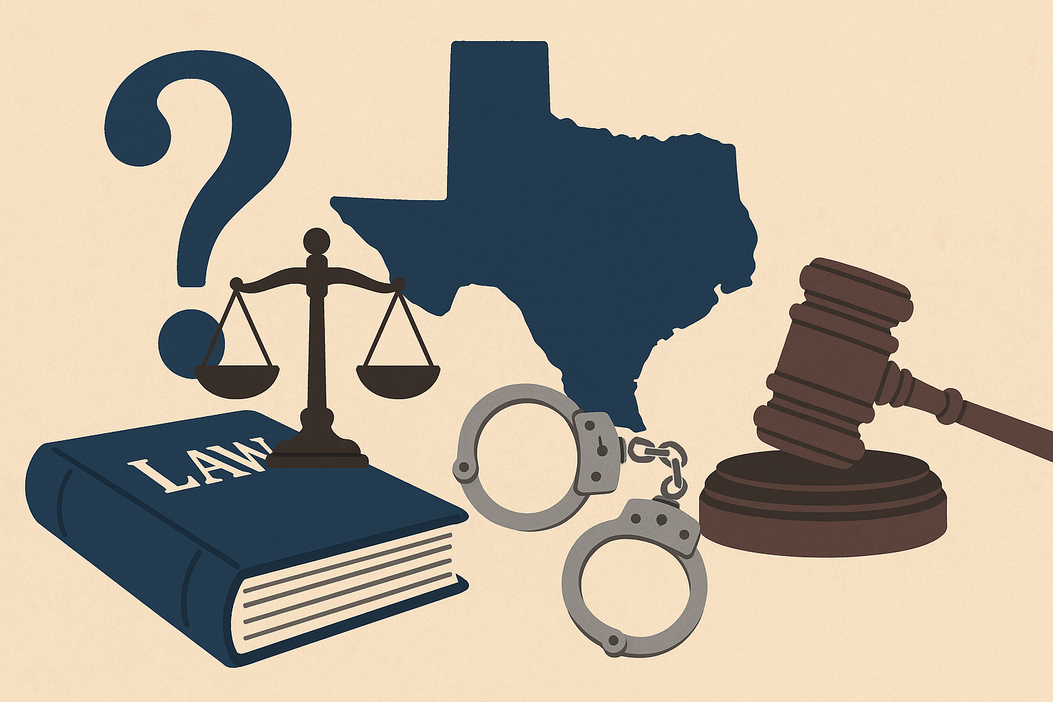 A Texas law book, gavel, scales, and handcuffs, representing common questions about Texas criminal law