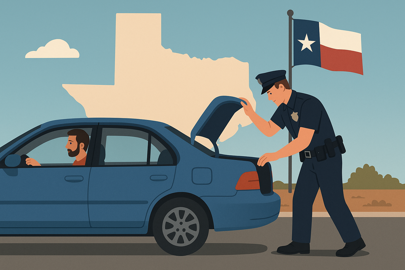 A Texas police officer searching the trunk of a car