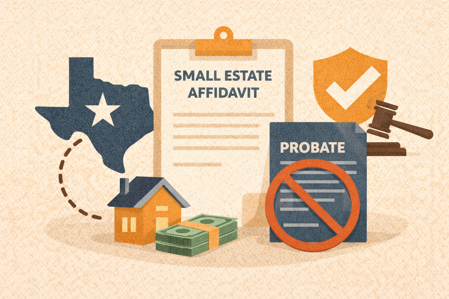 Small estate affidavit documents, a house, money, and other icons representing the probate process in Texas