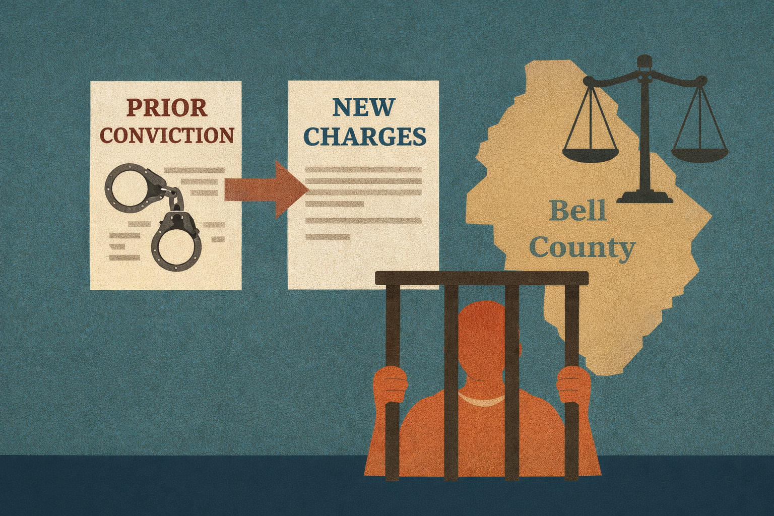 Texas criminal law documents and the silhouette of a man behind bars