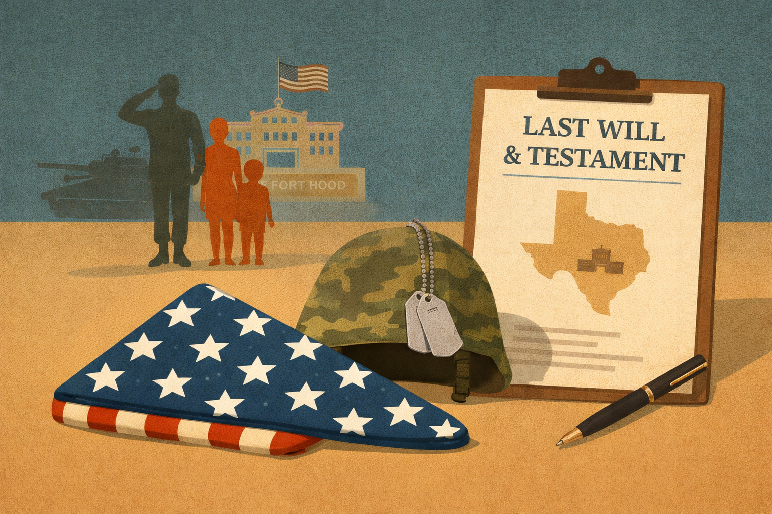 A flag, military helmet, and a Texas last will and testament