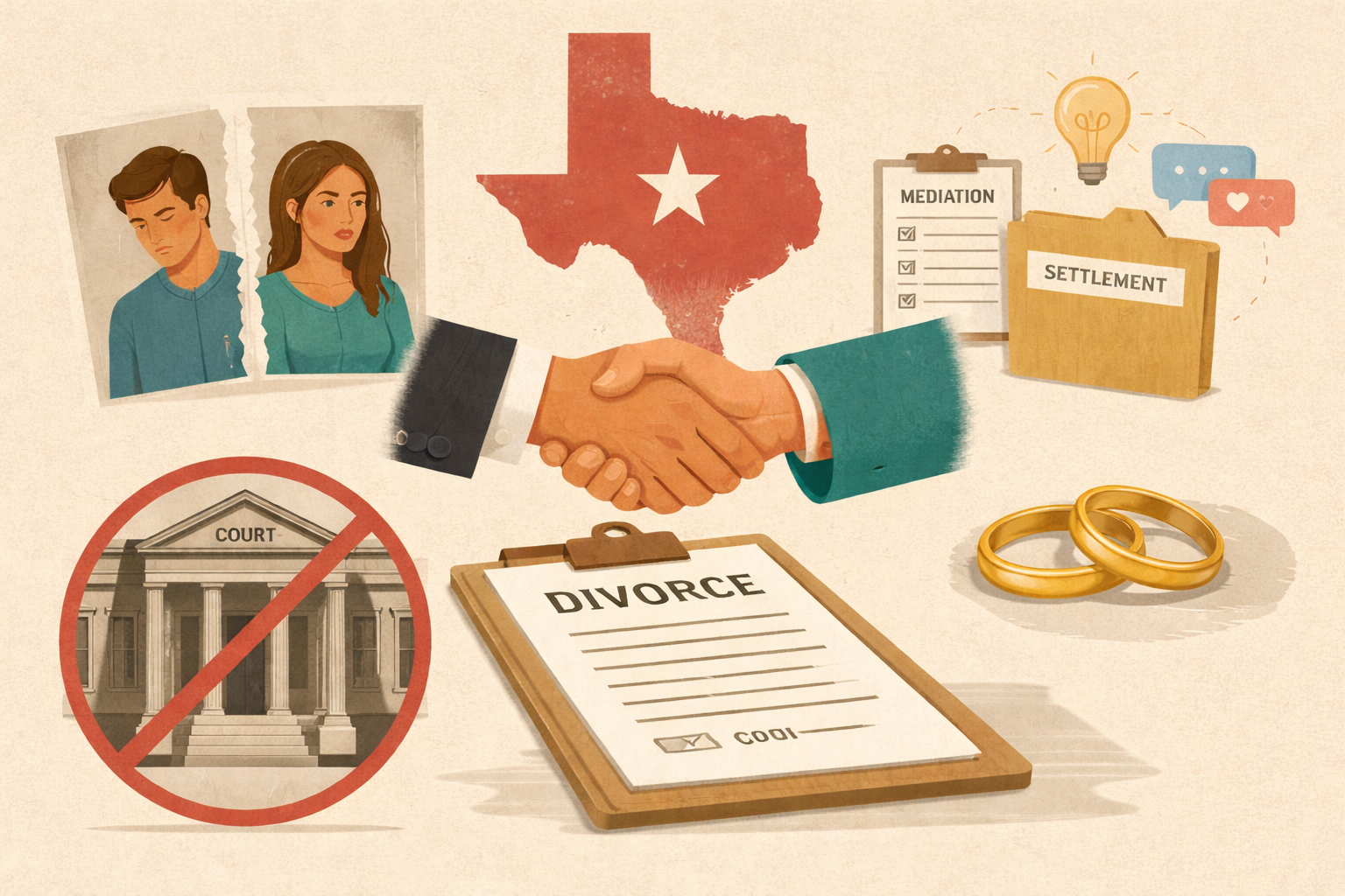 A divorce decree, a ripped wedding photo, rings, and other symbols of a Texas divorce