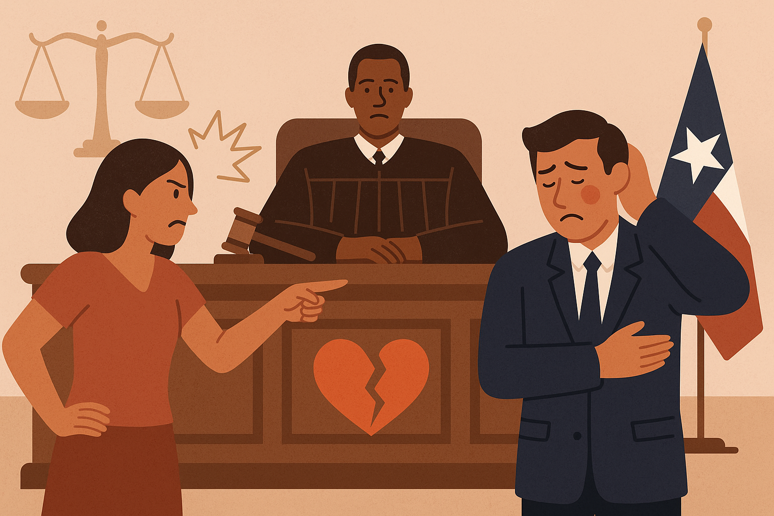 A couple in a courtroom for a contentious Texas divorce