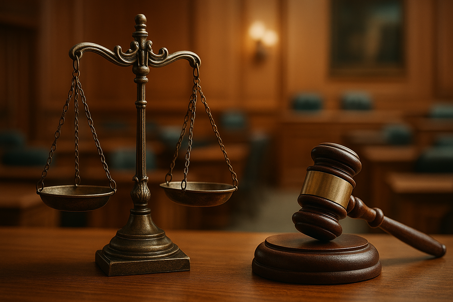 Scales and gavel in a Texas courtroom that hears involuntary manslaughter cases