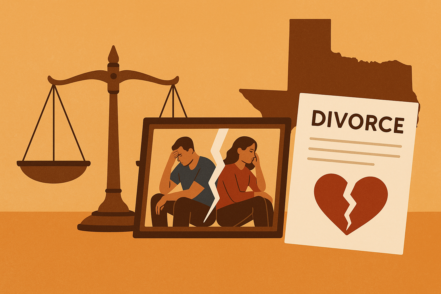 Scales, divorce documents, and a picture of a Texas couple torn in half