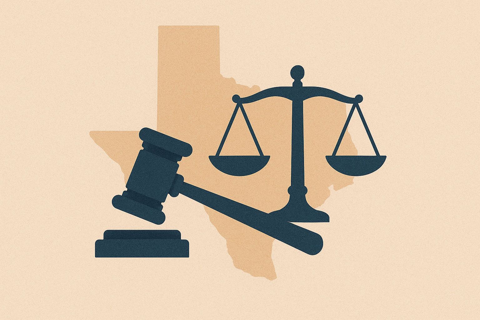 A gavel and scales in front of a Texas state outline, representing the prosecution of hate crimes.