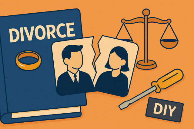 Illustration of Texas DIY divorce with broken couple photo, scales of justice, and legal documents.