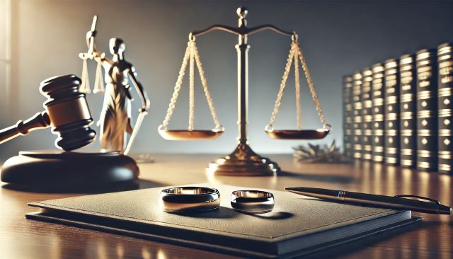 Photo of wedding rings and justice scales, representing divorce in Texas.