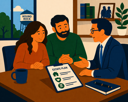 An illustration of a couple meeting with an estate planning attorney in Texas to discuss wills and protecting their family’s future.