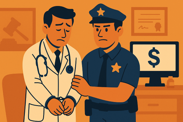 Illustration of a doctor in handcuffs with a police officer, symbolizing healthcare fraud criminal charges in Texas.