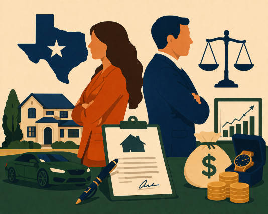 A minimalist illustration of a high-net-worth divorce in Texas showing a couple separating alongside assets like a home, car, investments, and cash, symbolizing complex property division.