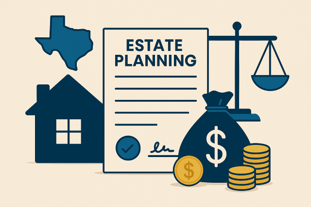 Illustration of estate planning with a house, money bag, coins, scales of justice, and a Texas outline, symbolizing financial savings and legal protection.