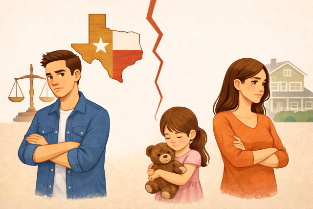 Illustration of a child holding a teddy bear between two separated parents, symbolizing a Texas child custody dispute with legal context.