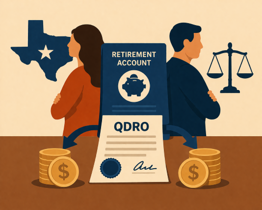 A minimalist illustration of a Texas divorcing couple, with a retirement account divided between them, symbolized by arrows leading to two equal stacks of coins, and legal elements such as scales of justice.