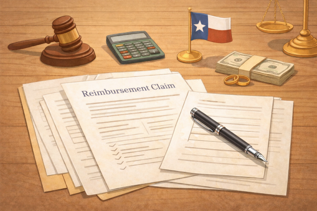 Illustration of divorce reimbursement claim documents on a desk with legal and financial elements, including a gavel, calculator, and Texas flag.