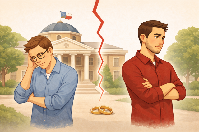 Illustration of two men standing apart outside a courthouse, representing conflict in a Texas same-sex divorce.