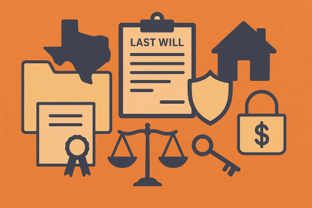 Illustration of estate planning tools with icons of a will, house, shield, scales of justice, lock, certificate, folder, and Texas outline.