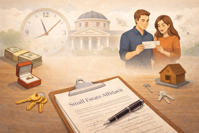 Illustration of a small estate affidavit process in Texas, showing documents, inherited assets, and a courthouse in the background.
