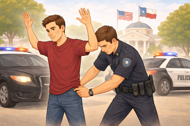 Illustration of a man being searched by a police officer in Texas with a courthouse and American flag in the background.
