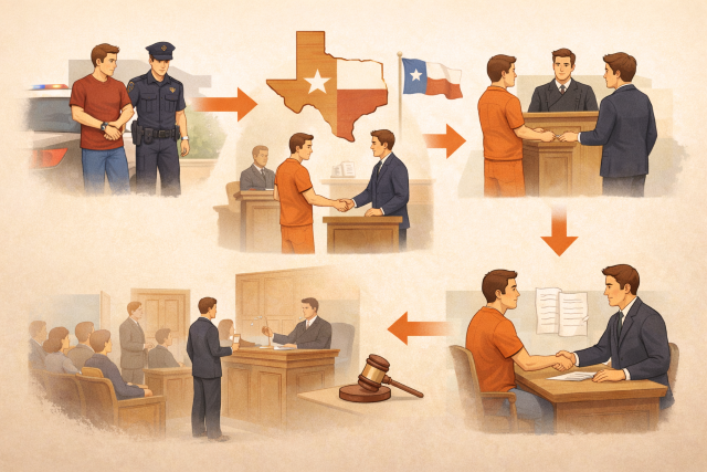 Illustration showing the stages of a Texas criminal case, from arrest through court appearances, plea negotiations, and trial.