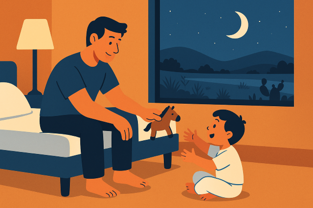 Illustration of a Texas father giving a toy horse to his smiling child at night, symbolizing quality parenting time.