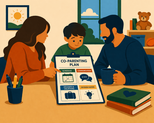 A minimalist illustration of parents and a child reviewing a co-parenting plan together, highlighting custody schedules, communication, and shared decision-making.