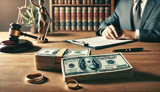 Divorce attorney at desk with money, gavel, and lady justice.