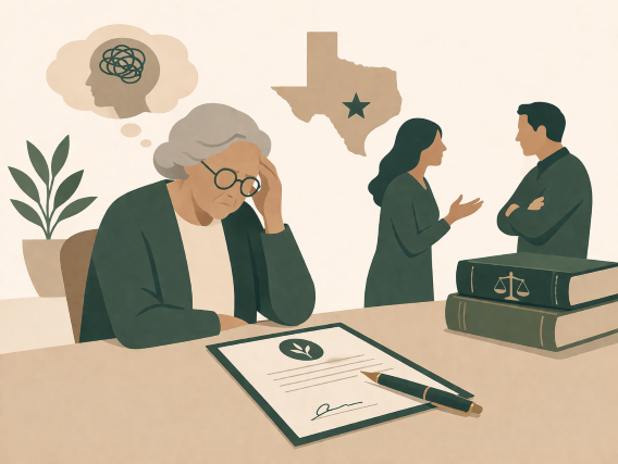 Illustration of a contested will in Texas involving dementia, showing an elderly person and family dispute over estate planning decisions.