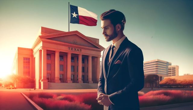 Man standing outside Texas courtroom.