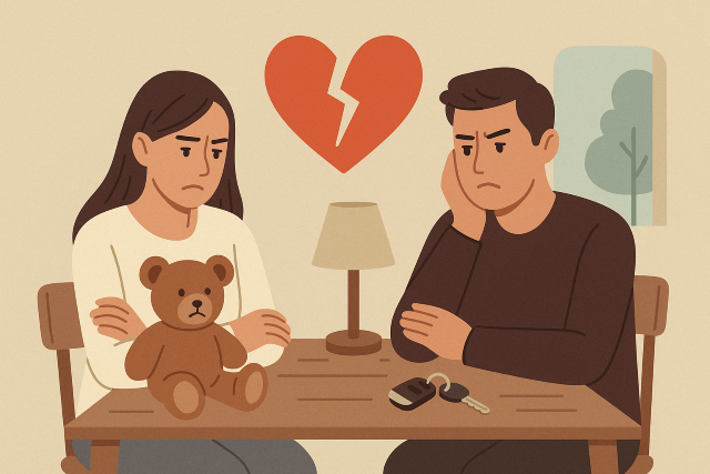 Illustration of a divorcing couple sitting at a table, looking upset.